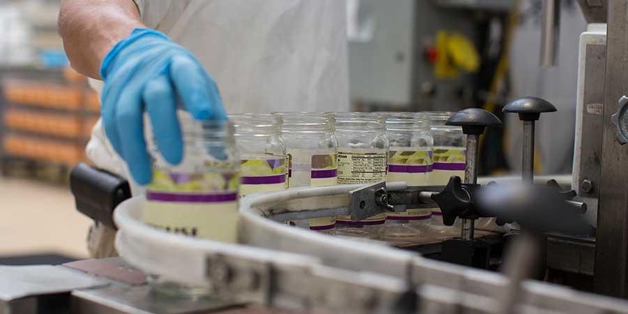 Hand of a person wearing a blue glove working on a filling line with empty jars loading into a conveyor. 