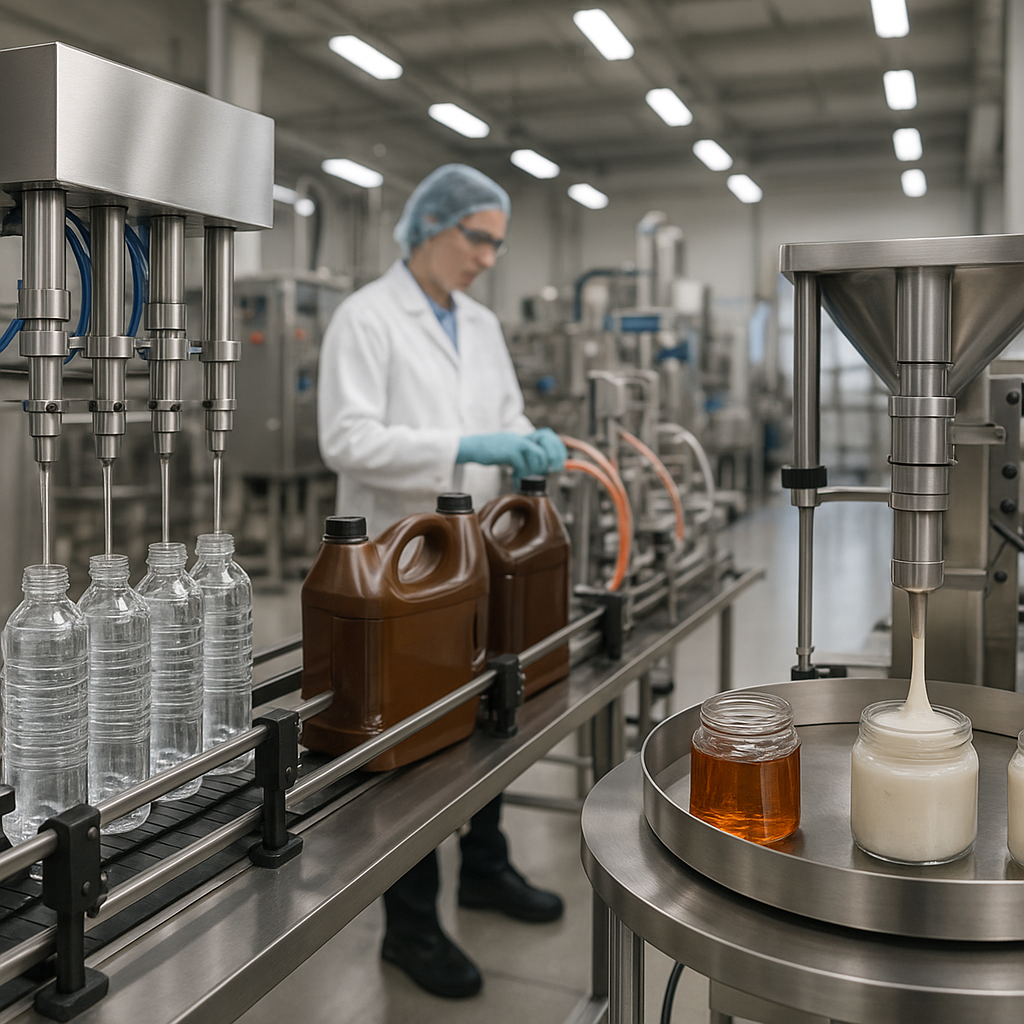 A technician in a clean, modern filling facility operates a liquid packaging line with multiple product viscosities. In the foreground, a piston filler dispenses a thick cream into a glass jar next to a jar of honey, while in the background, an inline filler fills clear plastic bottles with water and brown jugs with a thicker liquid.