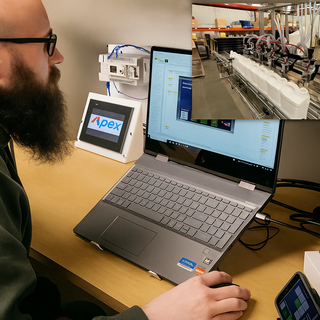 A bearded man in glasses is seated at a desk, working on a laptop with an Apex Filling Systems screen beside him. A touchscreen controller is visible nearby. A smaller inset image in the top right shows a liquid filling production line with gallon jugs being filled simultaneously. The workspace is clean and professional, highlighting both digital and mechanical elements of Apex's operations.