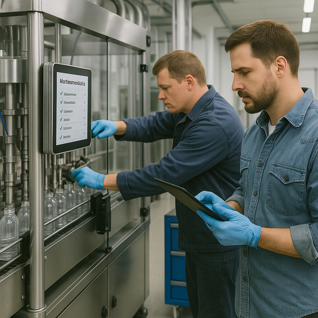 Two male technicians in a modern manufacturing facility perform preventative maintenance on a stainless steel liquid filling machine. One worker uses a touchscreen control panel displaying a maintenance checklist, while the other reviews data on a tablet. Both wear denim work uniforms, blue nitrile gloves, and appear focused and precise in a clean, organized environment.