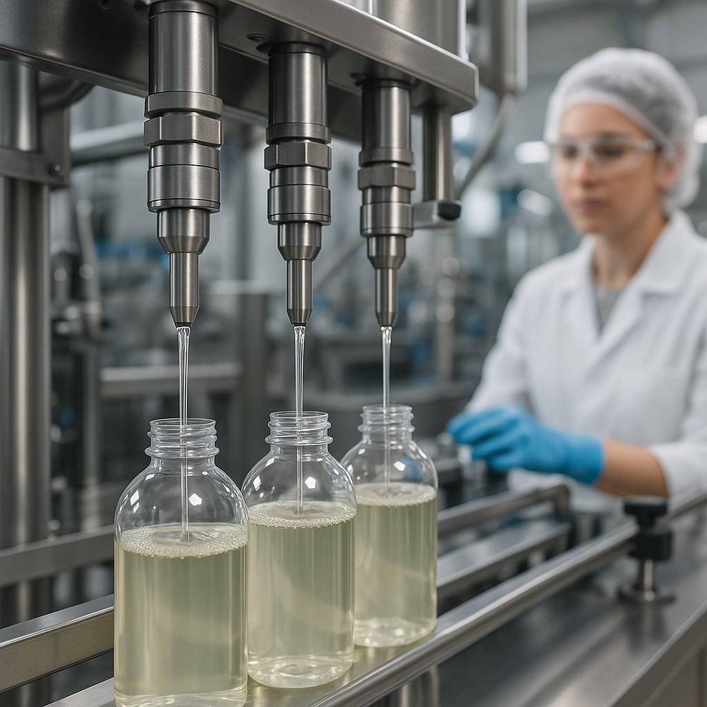 Close-up view of a stainless steel no-drip filling system dispensing a clear liquid into three glass bottles on a conveyor line. In the background, a technician wearing protective gloves, a lab coat, and a hairnet monitors the filling process inside a clean, modern production facility. The nozzles are precisely controlled, showing smooth, drip-free operation for accurate and hygienic liquid filling.