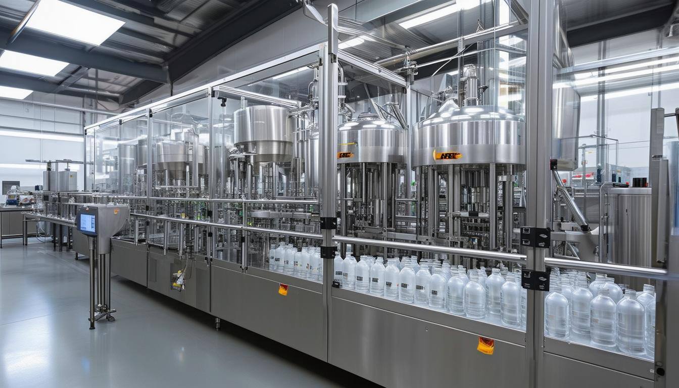 A modern co-packing facility with automated filling, capping, and labeling equipment efficiently handling different bottle sizes and product viscosities.