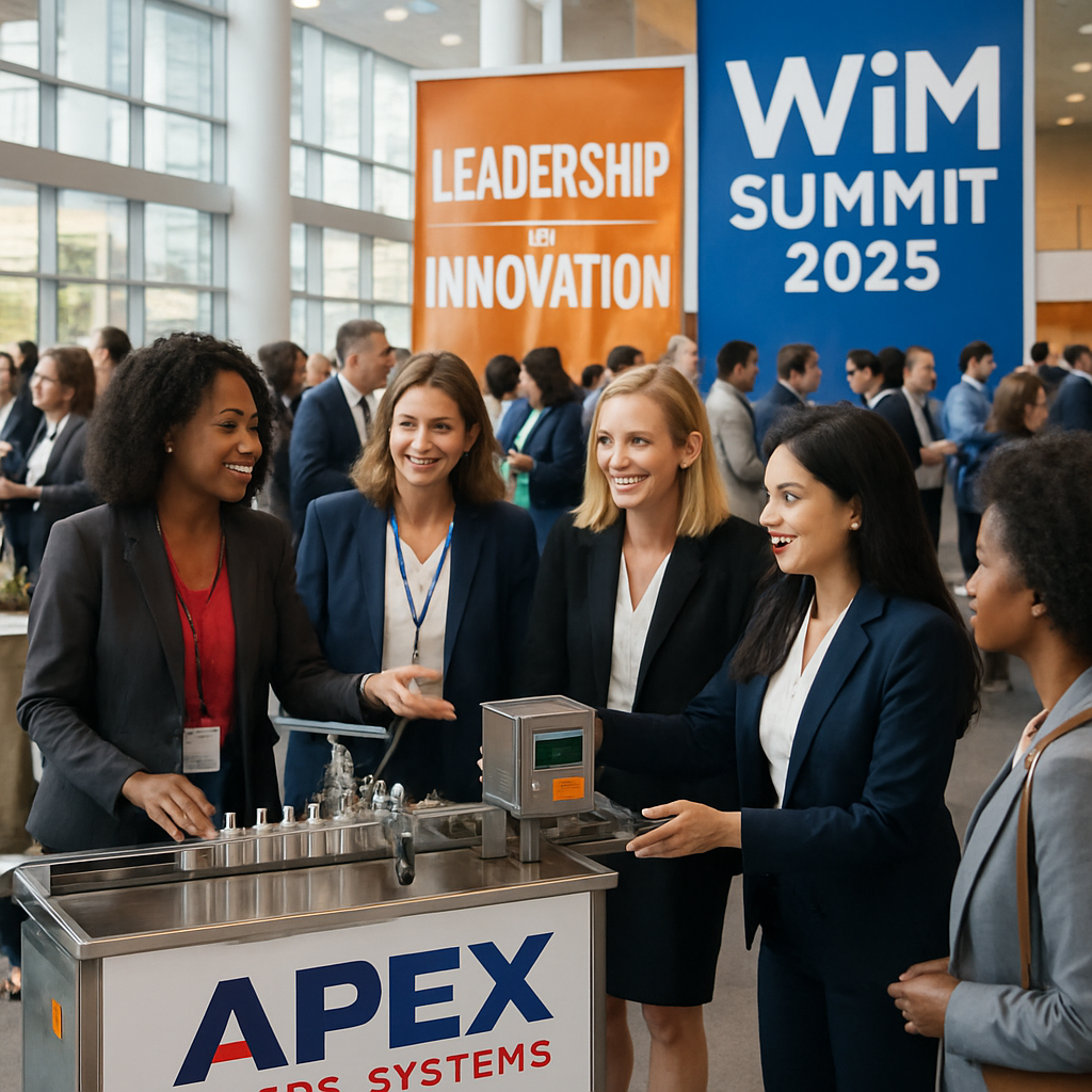Professional women in business attire gather around an Apex Filling Systems demo machine at the WiM Summit 2025 in Chicago. The background features large banners that read “LEADERSHIP DRIVES INNOVATION” and “WiM SUMMIT 2025” as attendees network in a bright, modern conference center.
