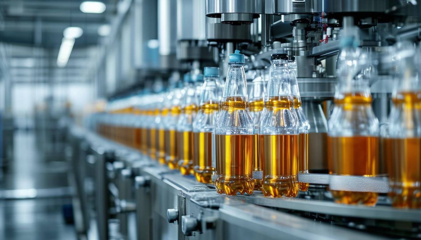 An automated bottling and packaging production line in a modern facility, illustrating efficiency, scalability, and economic growth opportunities in 2025