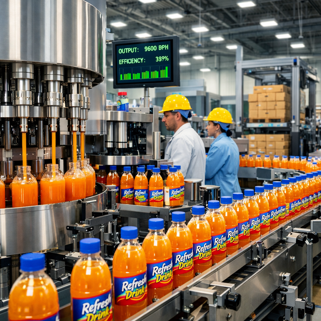 High-speed liquid filling line bottling orange beverage into plastic containers on a conveyor system. Multiple fill heads dispense product while workers in safety helmets and uniforms monitor production. Bottles move in a continuous flow, highlighting potential bottlenecks and the importance of line balance and efficiency in a busy packaging facility.