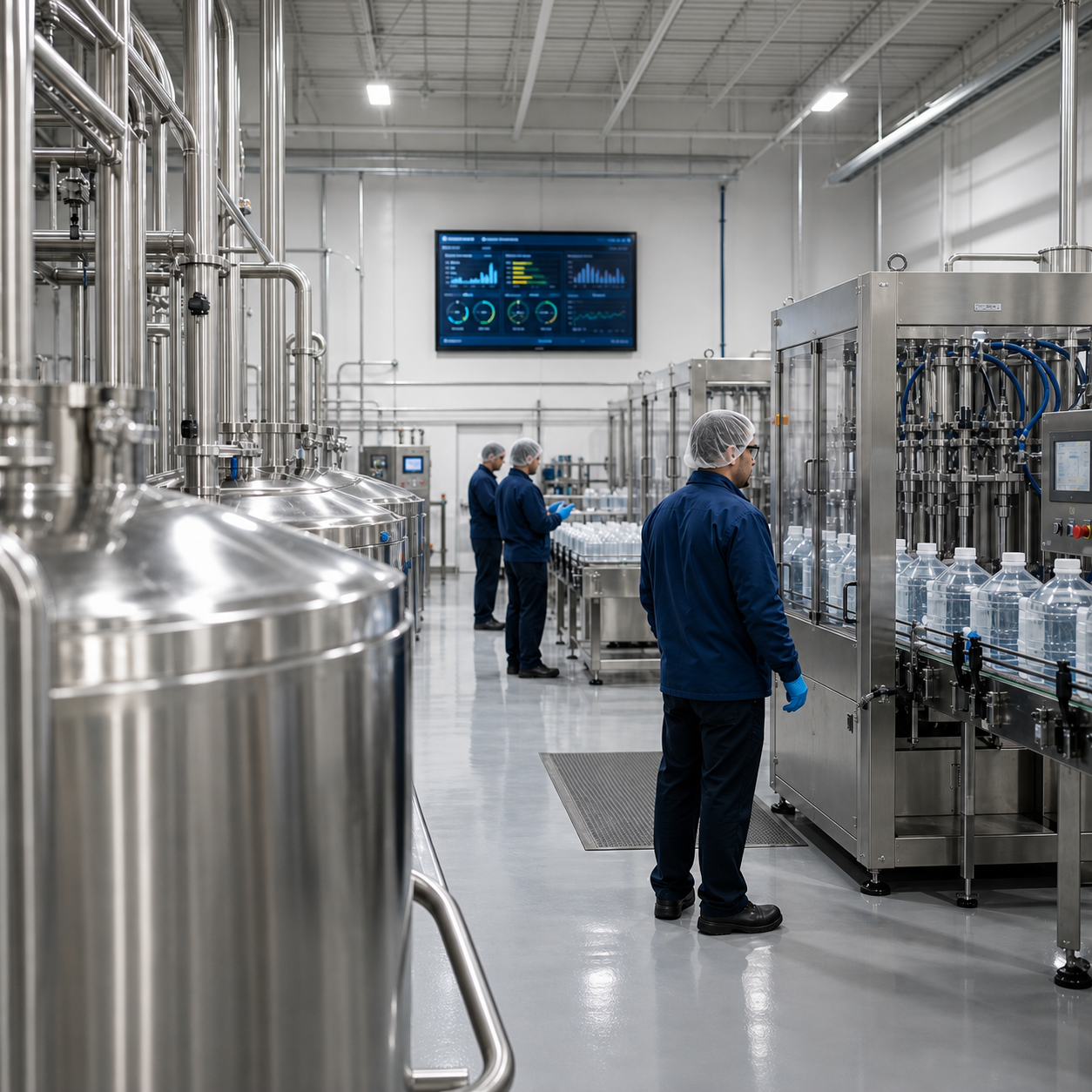 Modern DEF packaging facility featuring stainless steel storage tanks connected to a fully automated liquid filling line. Operators monitor the production process as translucent DEF containers move through precision filling equipment, highlighting the use of stainless steel components to maintain product purity, prevent contamination, and support efficient Diesel Exhaust Fluid packaging.