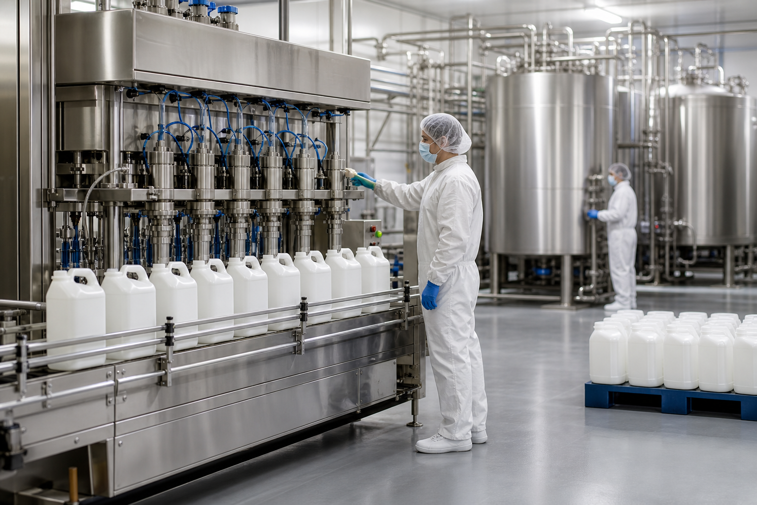 Operator monitoring an automated Diesel Exhaust Fluid (DEF) filling machine as white DEF containers move through a stainless steel packaging line in a clean manufacturing facility. The production area features sanitary stainless steel tanks, precision filling nozzles, and an organized industrial environment designed to help maintain DEF purity and product quality.