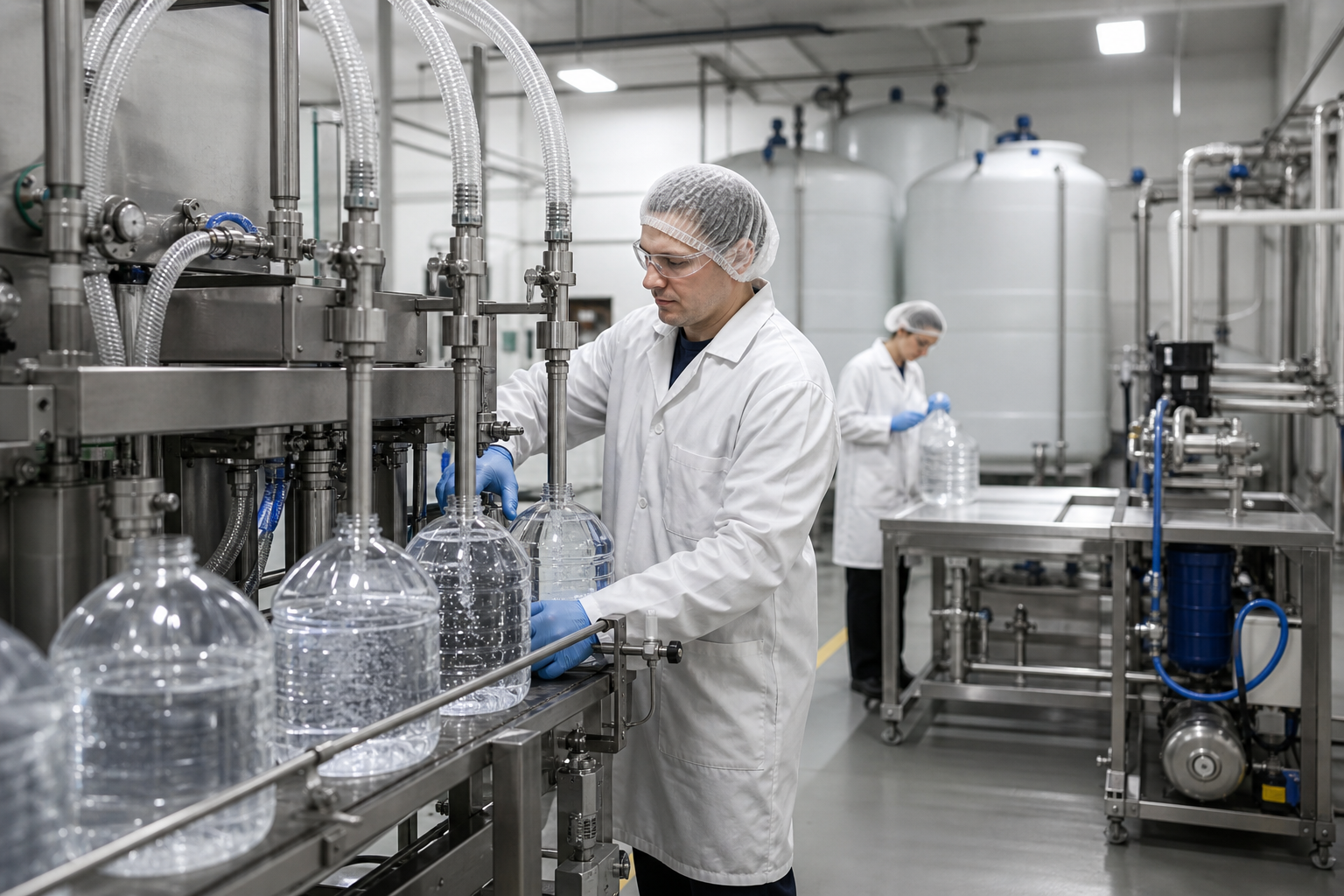 Operator inspecting translucent Diesel Exhaust Fluid (DEF) containers on an automated stainless steel filling line in a clean manufacturing facility. The image shows DEF-compatible filling nozzles, sanitary piping, stainless steel storage tanks, and a controlled production environment designed to help prevent contamination and maintain product purity throughout the packaging process.