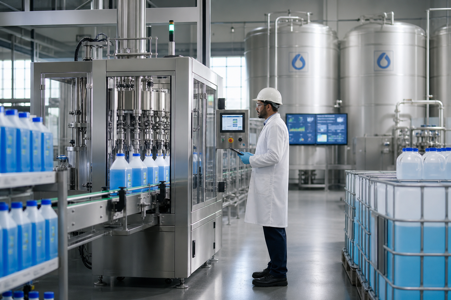Automated stainless steel liquid filling system packaging Diesel Exhaust Fluid (DEF) into translucent blue containers inside a clean manufacturing facility. An operator monitors the filling process while large storage tanks and precision filling equipment emphasize contamination control, product purity, and efficient DEF packaging operations.