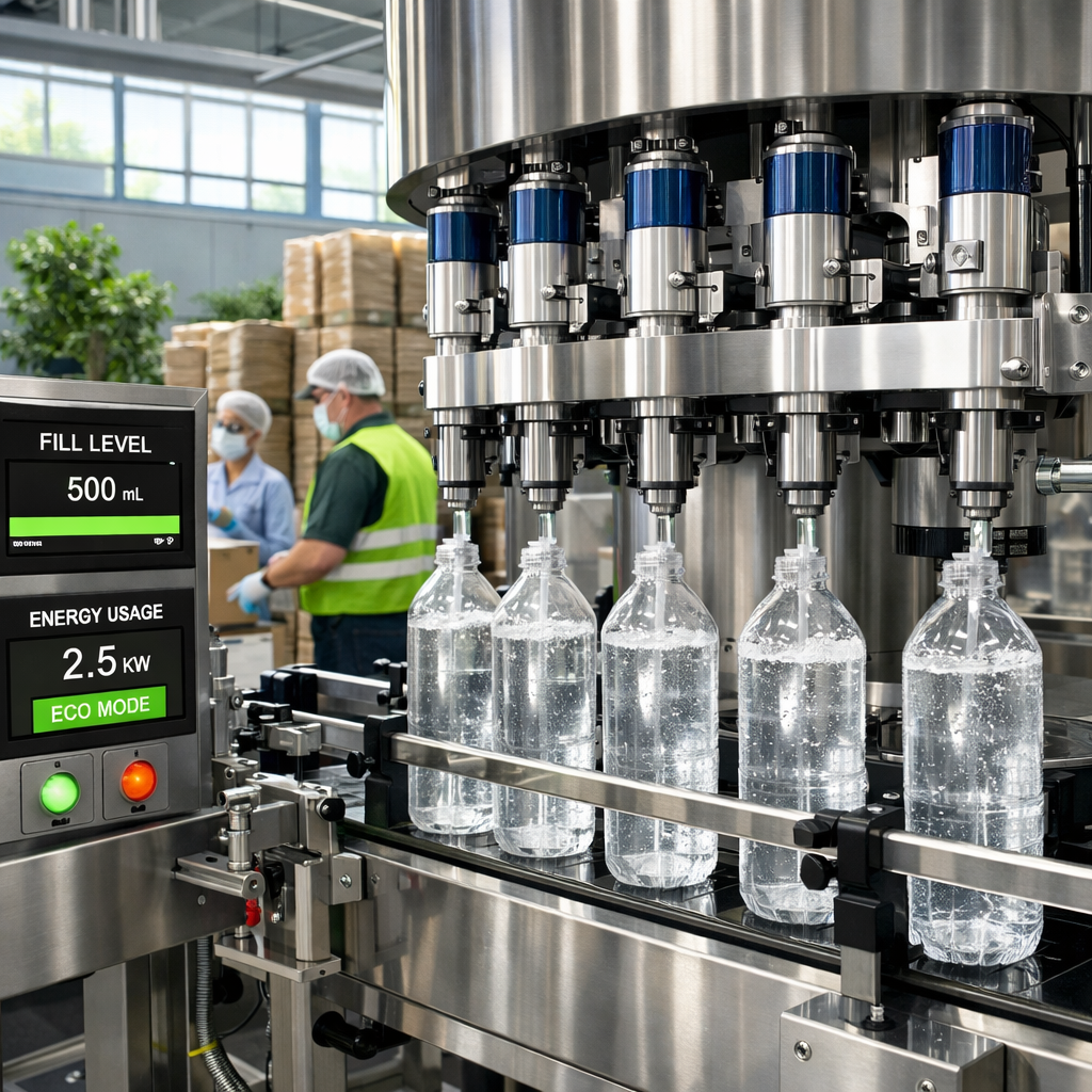 Automated liquid filling machine dispensing product into clear bottles on a conveyor line while a digital display tracks fill levels, energy usage, and production metrics. In the background, operators work in a modern packaging facility, highlighting how efficient filling equipment can reduce waste, improve sustainability, and lower a manufacturer's carbon footprint.