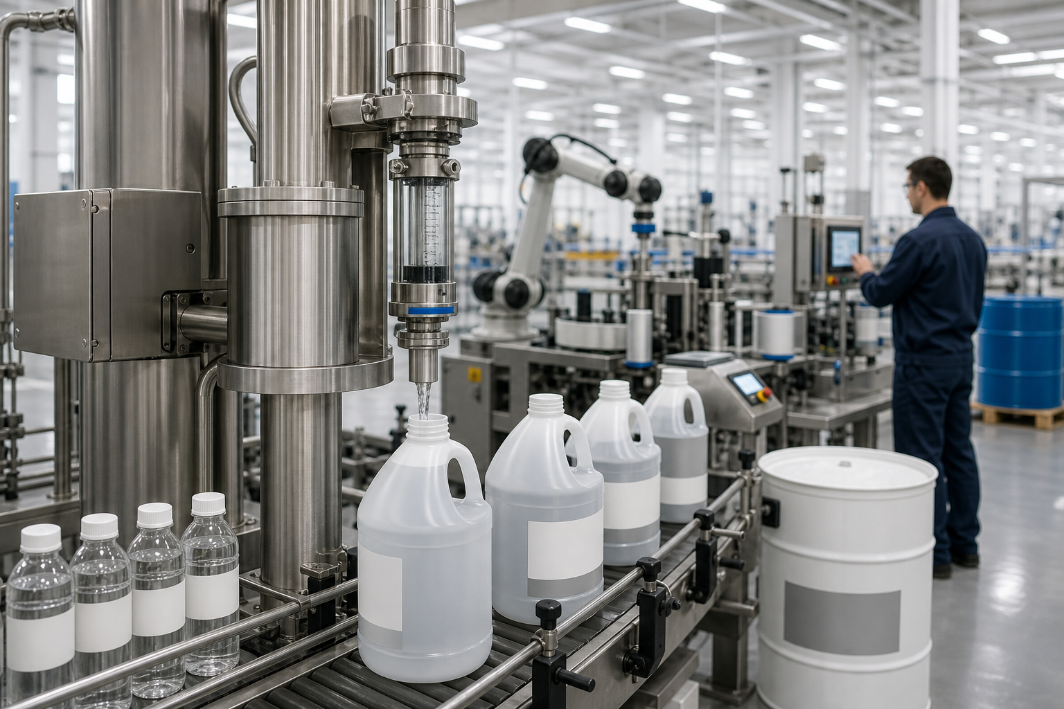 Industrial liquid filling line packaging white Diesel Exhaust Fluid (DEF) containers on a stainless steel conveyor. Automated filling equipment, piping, and robotic systems are visible in a clean manufacturing facility designed for high-purity DEF production and packaging.