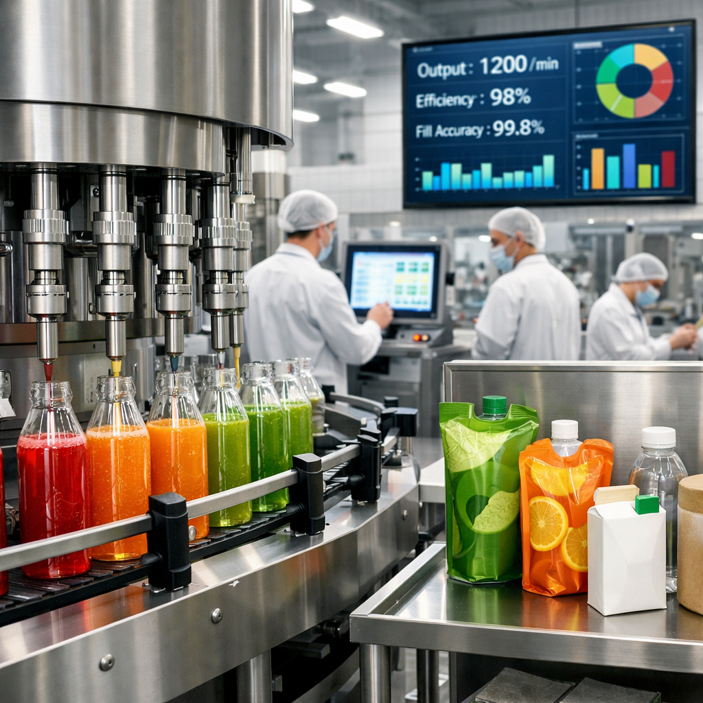 Automated liquid filling line packaging colorful beverages into glass bottles while operators monitor production data on digital dashboards. Nearby stand-up pouches and alternative container formats highlight changing food and beverage trends, including product variety, sustainable packaging, and flexible manufacturing requirements.