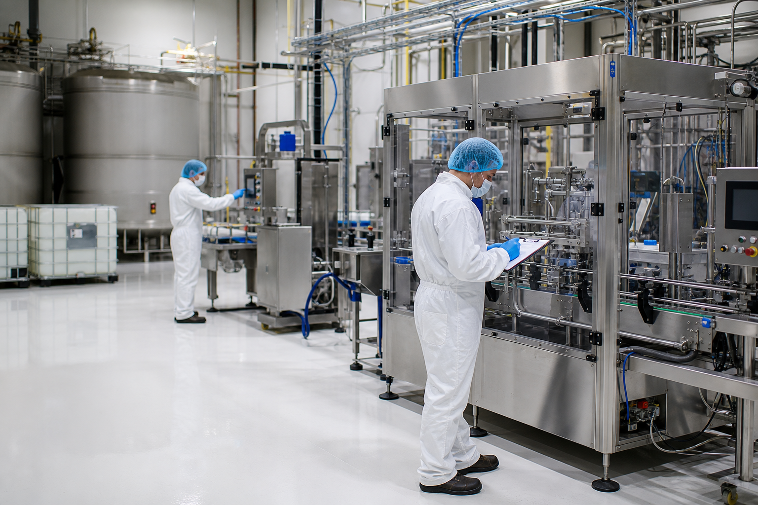 Technicians wearing cleanroom protective clothing inspect an automated Diesel Exhaust Fluid (DEF) filling line in a sanitary manufacturing facility. Stainless steel filling equipment, process piping, and production systems are shown in a controlled environment designed to support DEF purity, equipment reliability, and quality assurance.