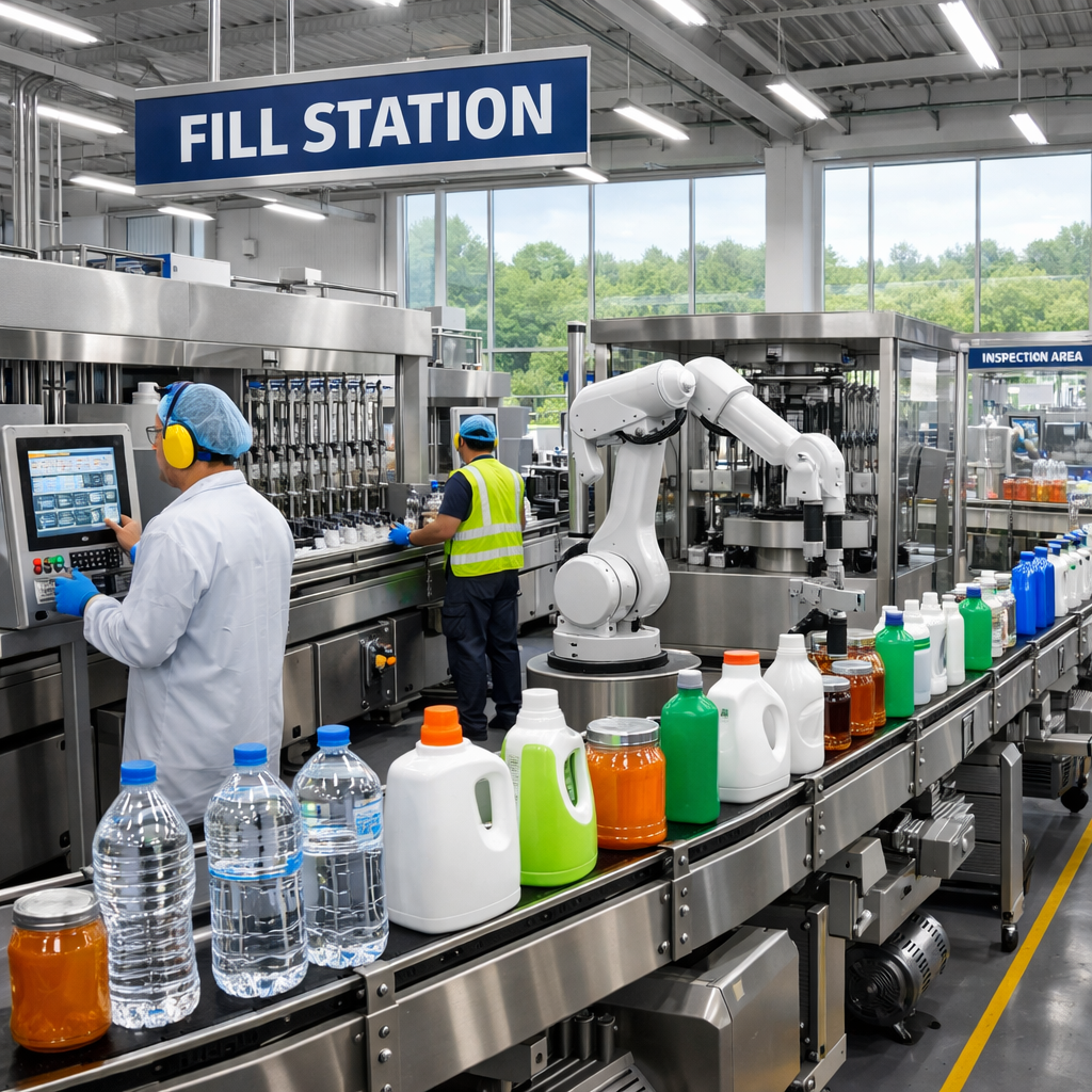 Modern automated liquid filling line with robotic arms handling a variety of colorful containers and bottles on a conveyor system. An operator monitors the filling station while integrated equipment supports flexible, scalable, and future-ready packaging production in a smart manufacturing facility.