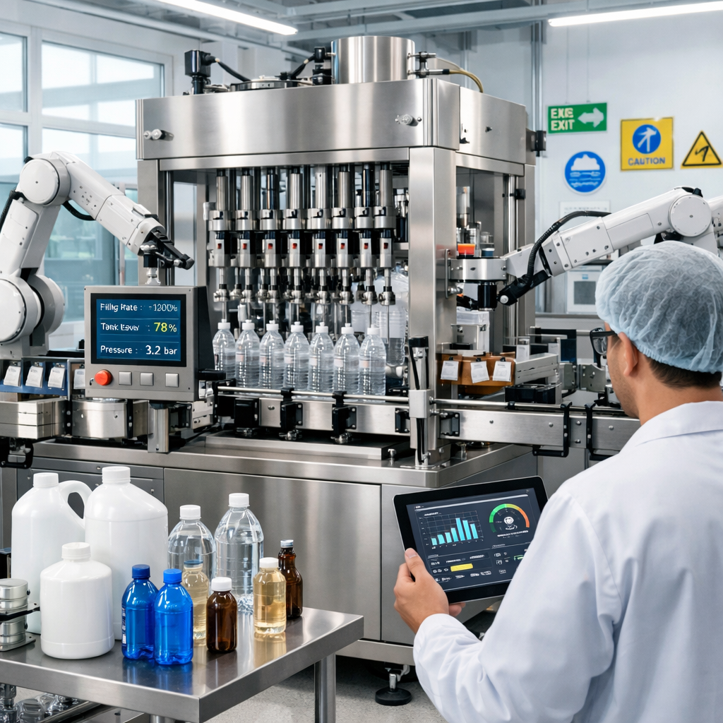 Advanced liquid filling machine operating in a clean, modern facility, with multiple nozzles dispensing liquid into various container types including bottles and jugs. A technician in protective attire uses a tablet to monitor system performance, while robotic arms assist nearby, highlighting automation, flexibility, and smart manufacturing capabilities in a future-ready packaging line.