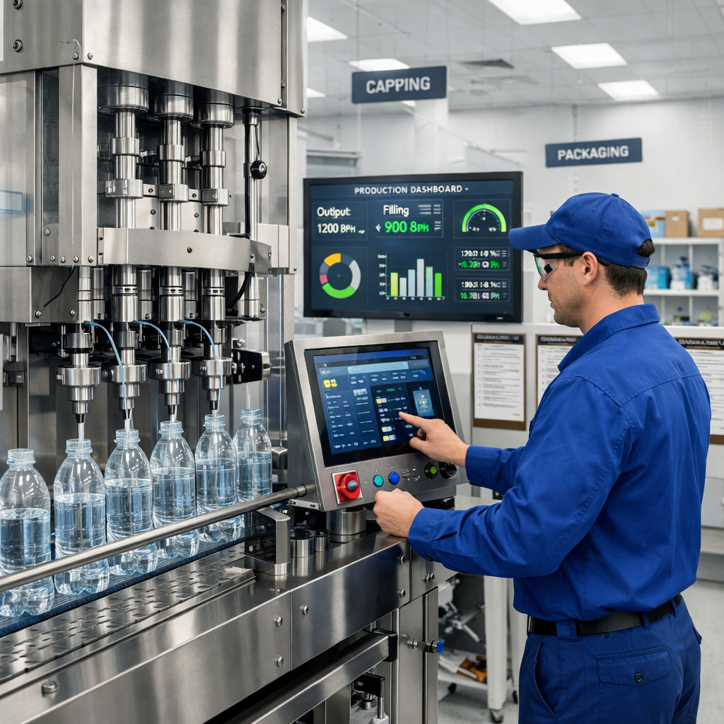 Operator in a blue uniform uses a touchscreen control panel to monitor a liquid filling machine as clear bottles move along a conveyor. The system displays real-time production data and performance metrics, highlighting the role of digital controls and visual dashboards in reducing operator error and improving efficiency.