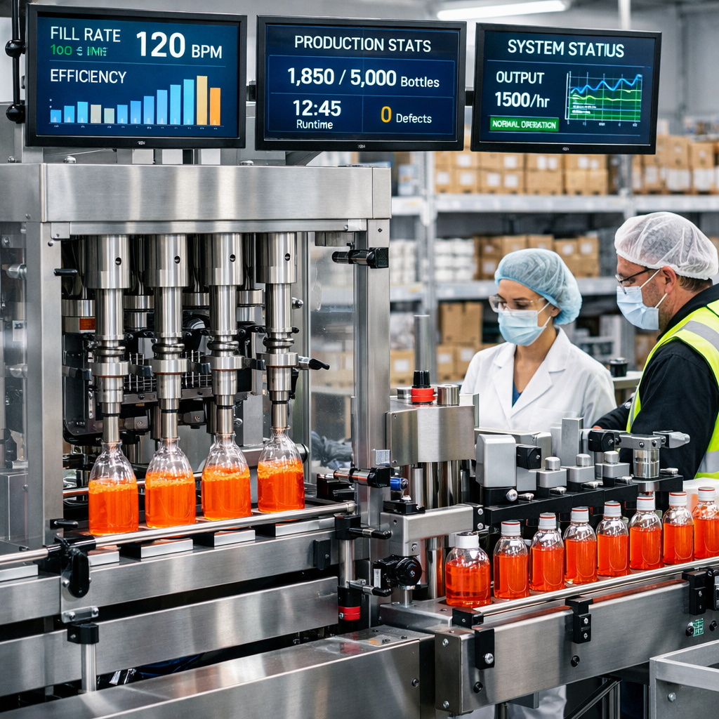 Automated liquid filling line producing orange beverage bottles with multiple stainless steel nozzles dispensing precise volumes. Two technicians in protective lab attire monitor the process while overhead digital dashboards display real-time production metrics such as fill rate, efficiency, and throughput, highlighting a data-driven, low-waste packaging environment.