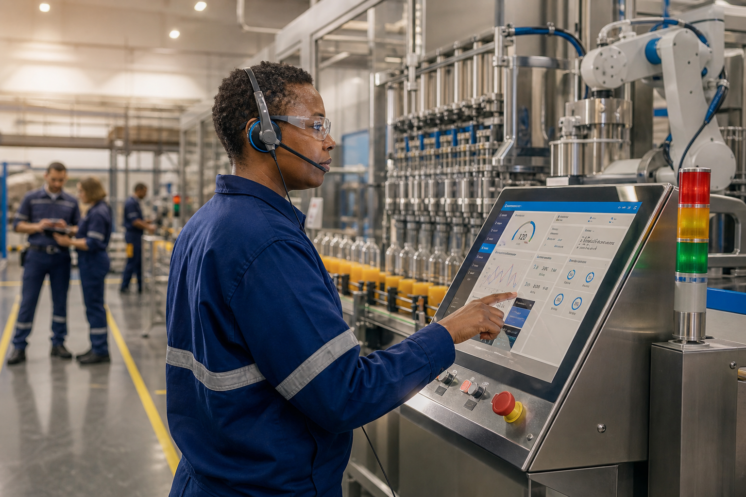 Packaging line operator wearing a headset uses a touchscreen HMI to monitor an automated liquid filling system. Bottles move through a modern production line in the background while the operator reviews real-time performance data, highlighting digital training, smart manufacturing, and operator efficiency in an automated facility.