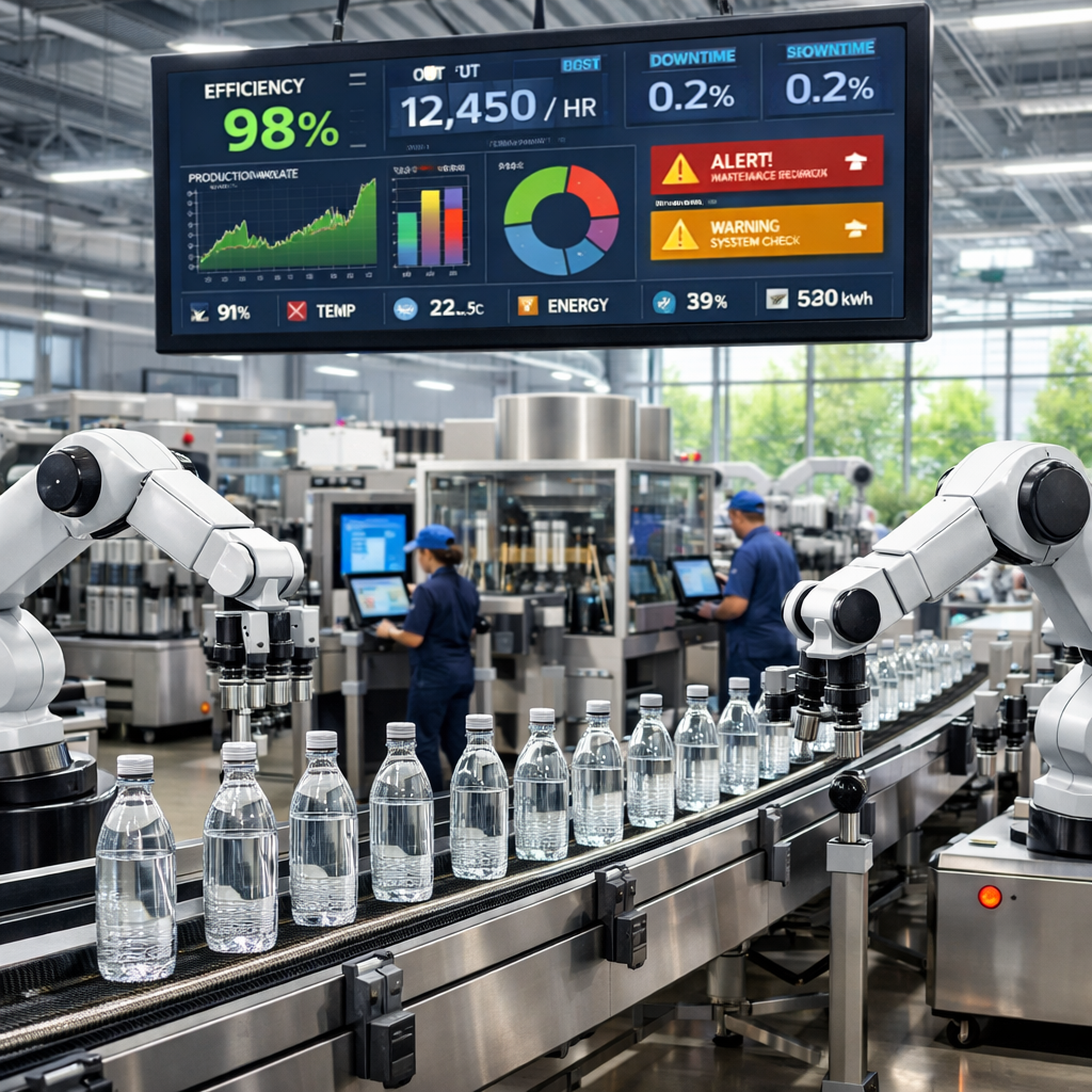Smart factory liquid packaging line with robotic arms handling clear bottles along an automated conveyor system. Large digital dashboards display real-time production metrics, efficiency data, and performance analytics while operators monitor the connected filling line in a modern manufacturing facility.