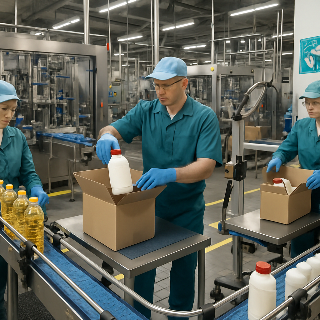 Packaging line workers in teal uniforms and blue gloves carefully packing plastic bottles into cardboard boxes. The facility is clean, well-lit, and equipped with automated liquid filling machines in the background. The environment emphasizes teamwork, safety, and efficiency in a modern production setting.