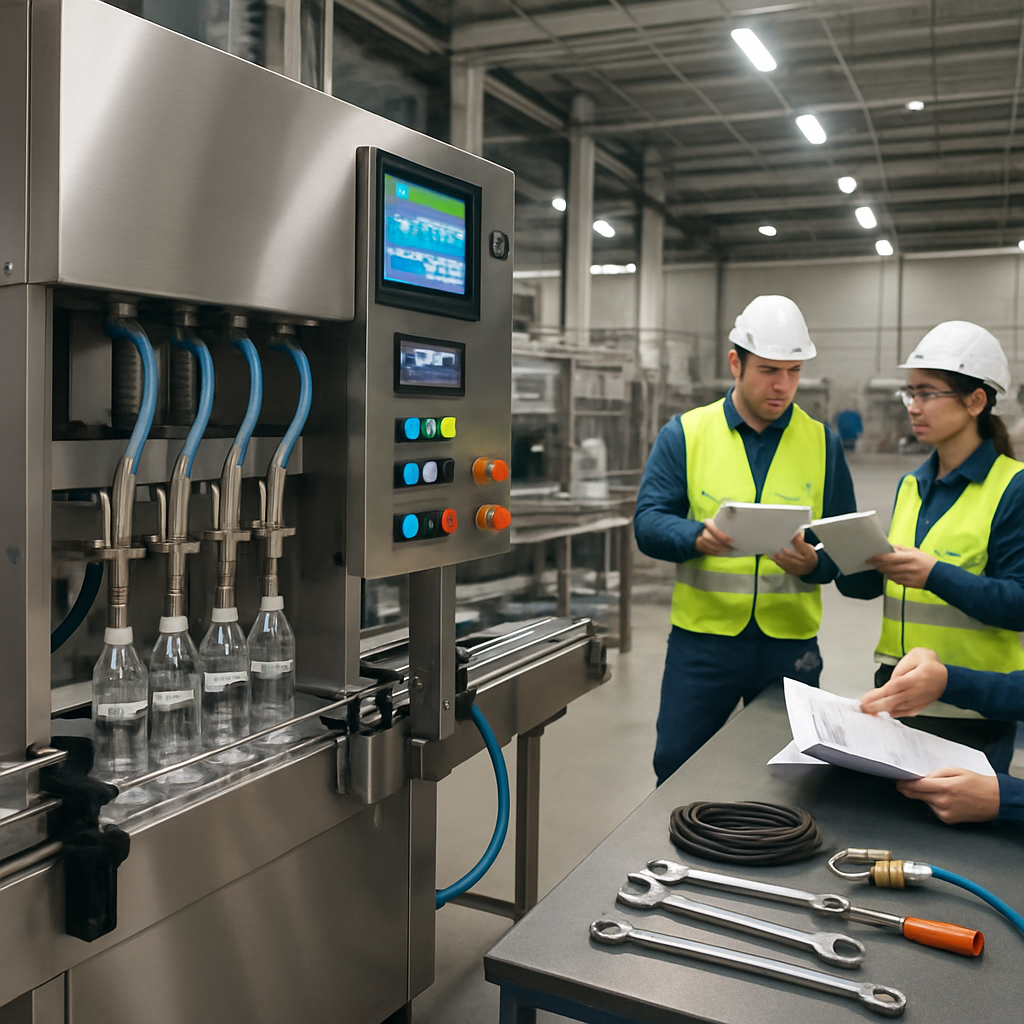 A team of workers in safety vests and hard hats installing a stainless steel liquid filling machine in a modern factory; bottles aligned under fill heads, with wrenches and technical documents on a table in the foreground.