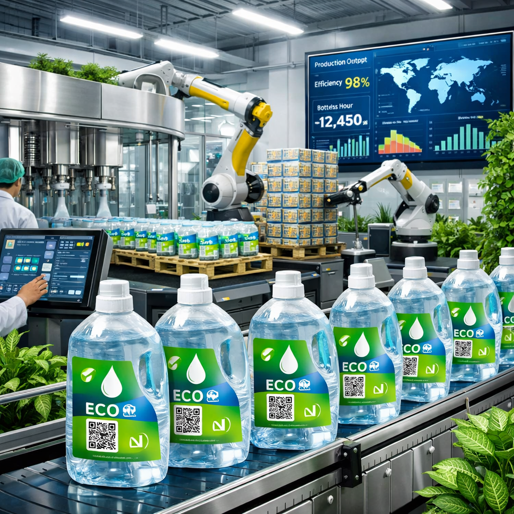 Advanced automated liquid packaging line producing eco-labeled cleaning products in green bottles. Robotic arms operate alongside a high-speed filling system while a digital screen displays global production data, efficiency metrics, and growth charts. The modern facility highlights sustainability, automation, and smart manufacturing trends shaping the future of liquid packaging.