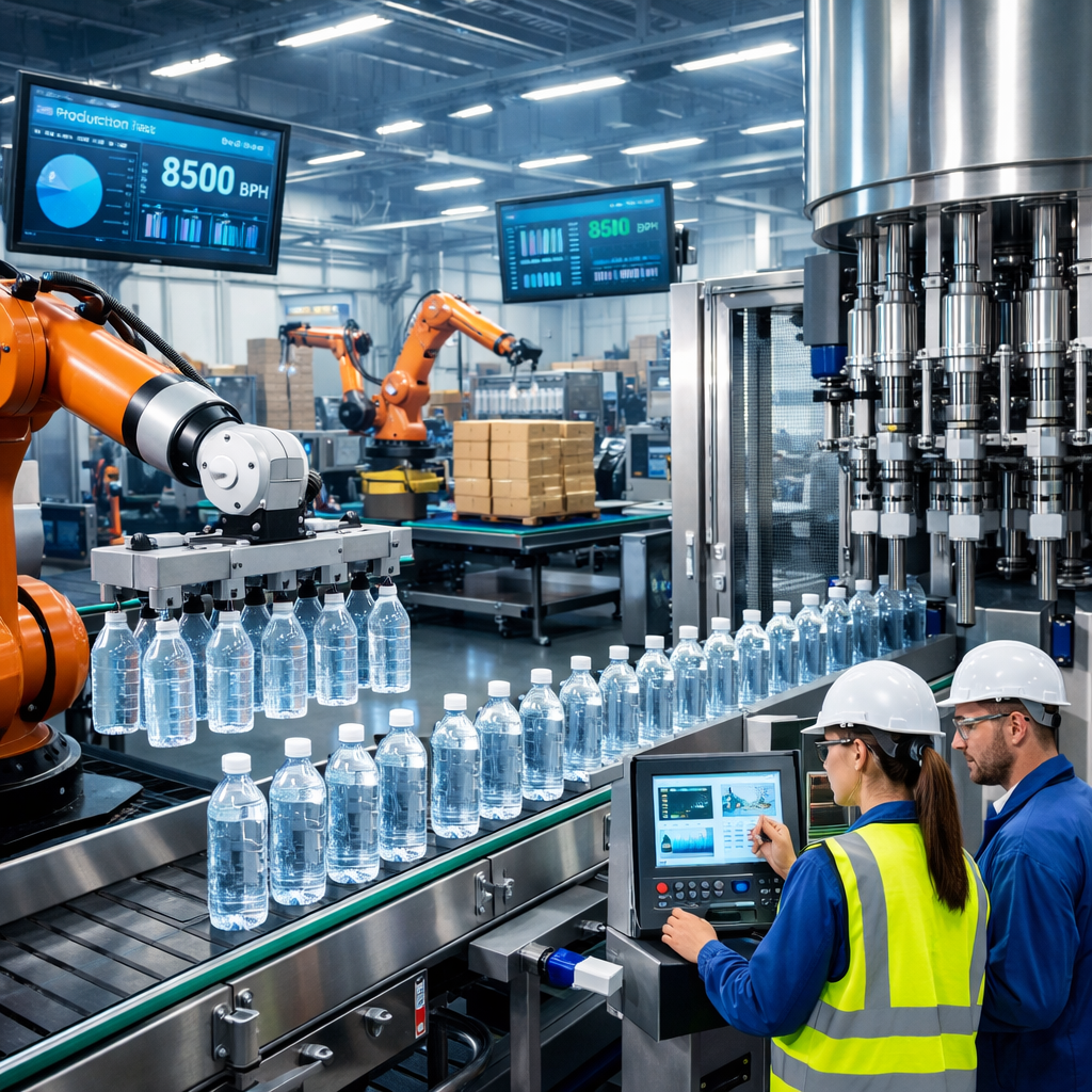 Advanced automated liquid packaging line featuring robotic arms palletizing finished cases while a high-speed rotary filling machine dispenses water into clear plastic bottles. Bottles move along a conveyor system as two operators in safety helmets and high-visibility vests monitor production using a tablet and control panel. The modern, well-lit facility highlights robotics integration, real-time production displays, and efficient, high-throughput manufacturing.