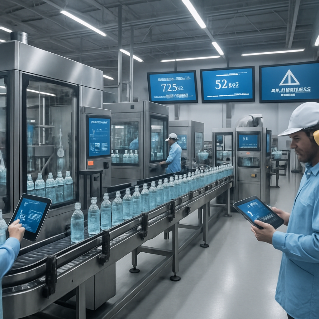 A modern liquid filling production line in a smart factory. Operators in light blue uniforms and caps monitor machines and performance metrics on tablets and overhead digital displays. Bottles filled with clear liquid move along a conveyor. Data screens show efficiency, fill volume, and runtime stats, highlighting a data-driven maintenance approach.