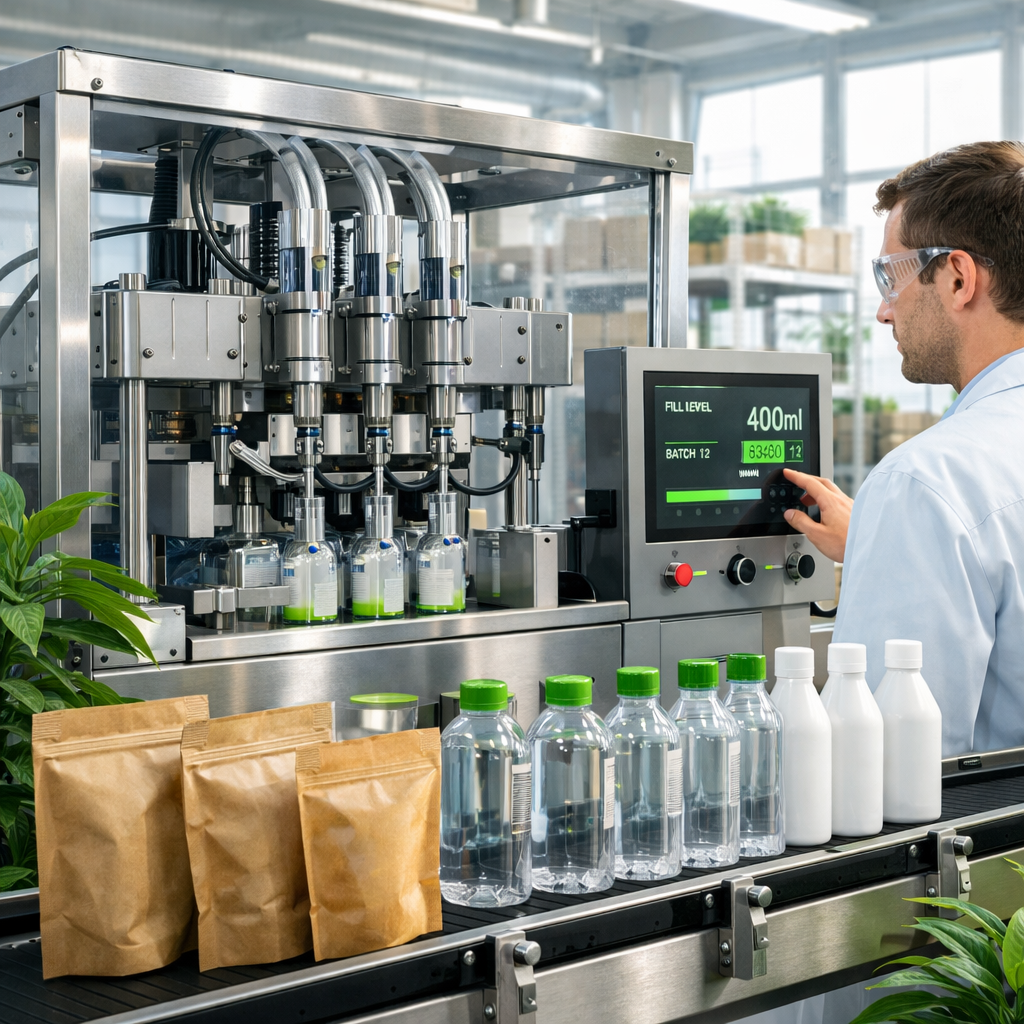 Automated liquid filling machine dispensing product into recyclable bottles and compostable packaging containers on a conveyor line. A technician monitors the digital control panel in a bright, modern production facility while eco-friendly packaging materials such as paper pouches and lightweight plastic bottles are staged nearby, highlighting sustainable liquid packaging operations.