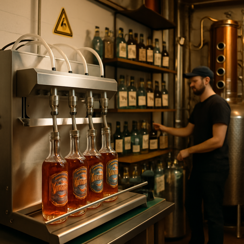 A distillery operator stands next to a semi-automatic filling machine, bottling small-batch spirits into glass bottles. The workspace features shelves lined with various liquor bottles and a traditional copper still in the background, highlighting a compact, craft distilling environment.