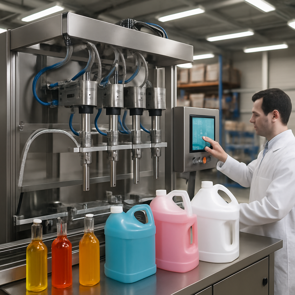 A technician in a white lab coat operates a touchscreen control panel on a custom liquid filling machine. The machine is set up with multiple nozzles filling variously colored liquids into large plastic containers—orange, yellow, blue, pink, and white. The setting is a clean, modern industrial facility with shelving and packaging supplies in the background.