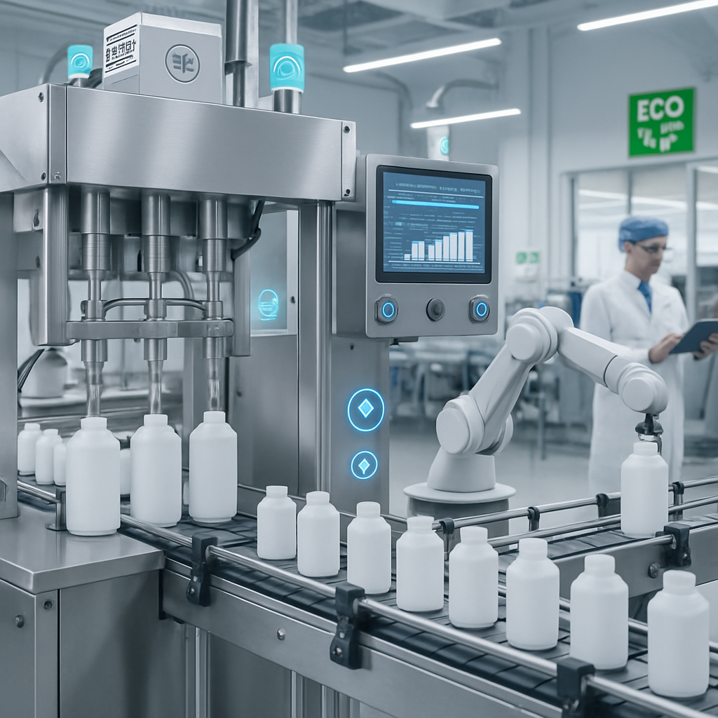 Automated liquid filling line with robotic arm placing white plastic bottles on a conveyor belt in a modern, high-tech production facility. A technician in a lab coat and hairnet monitors the system in the background. Onscreen data visualizations highlight performance metrics.