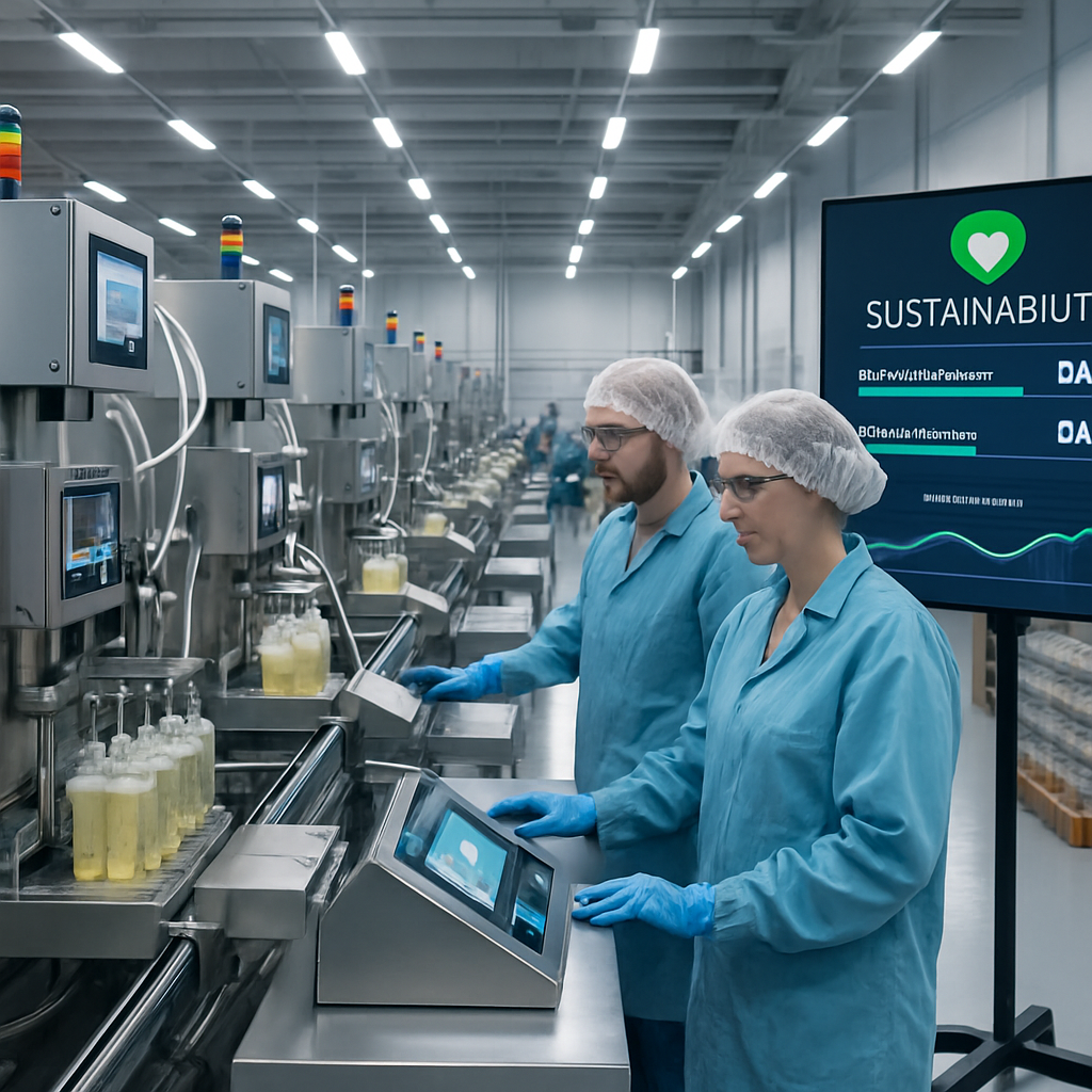 Two technicians in blue lab coats and hairnets operate advanced liquid filling machines in a clean, modern facility. A digital display shows sustainability data as they monitor fill levels and machine performance, highlighting efforts to reduce overfill and improve environmental impact.