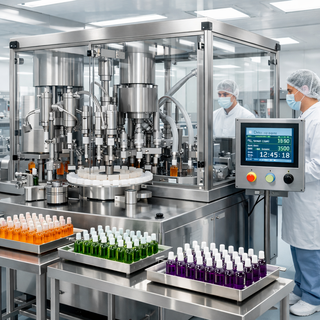 Cleanroom pharmaceutical filling line with stainless steel multi-head filling machine dispensing liquids into rows of small vials. Technicians in lab coats, hair nets, and gloves monitor the automated system and digital control panel while trays of color-coded vials move along the sterile packaging workstation.
