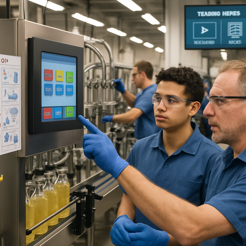 Two workers in blue uniforms and safety glasses operate a touchscreen control panel on a liquid filling machine in a modern manufacturing facility. One employee, appearing to be in training, attentively observes while the other instructs, pointing to brightly colored interface buttons. Yellow liquid is visible in bottles on the conveyor line beneath the panel.