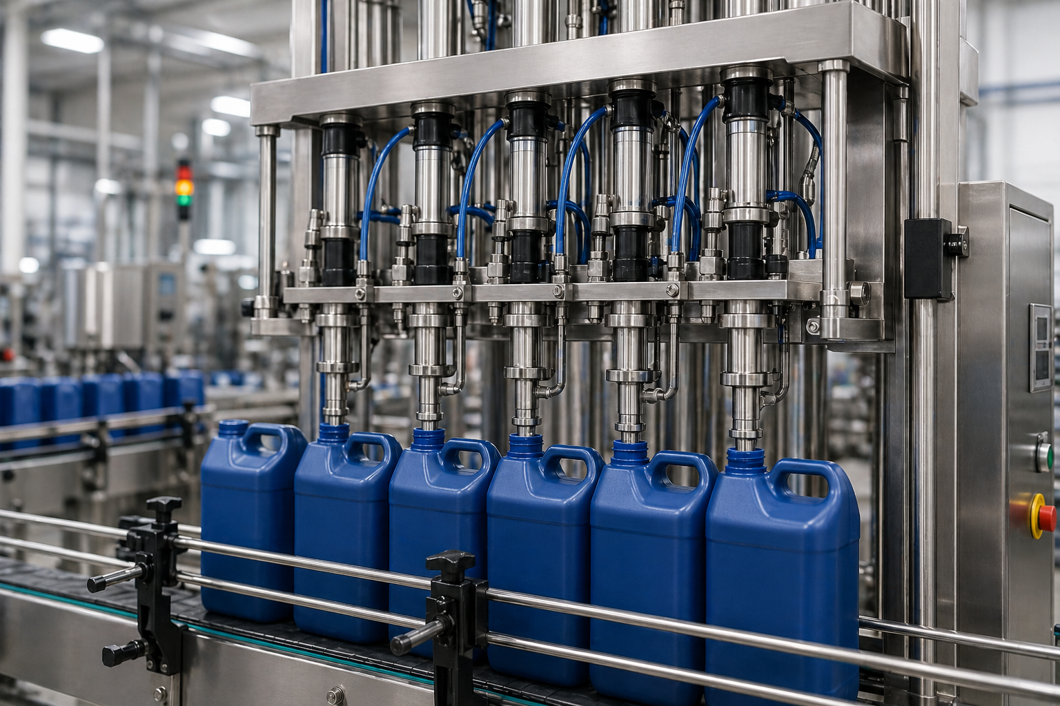 Stainless steel multi-head liquid filling machine precisely aligned with blue industrial jerry cans on a conveyor line, dispensing liquid directly into each container opening in a clean, modern manufacturing facility.