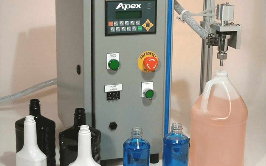 Tabletop Pump Liquid filling machine with bottles around it